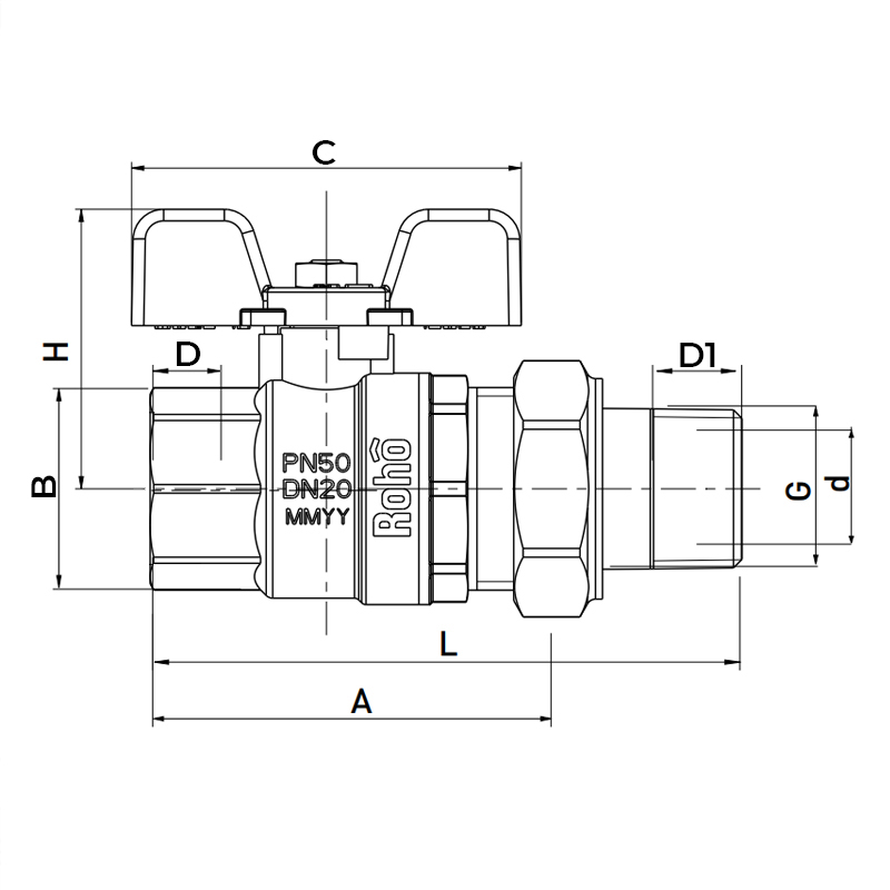 Кран с американкой Roho R105-075B - 3/4" прямой (RO0111)