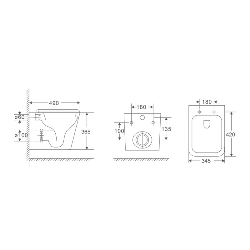 Подвесной унитаз Mixxus Premium Quadro-0301-T3 490x340x360mm, система смыва TORNADO 3.0 (MP6453)