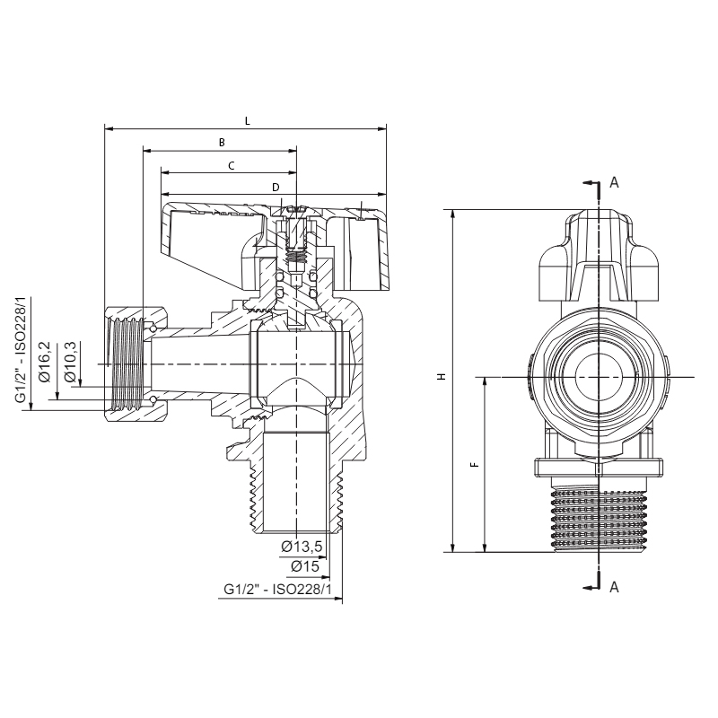 Кран шаровый Roho R116-050 -1/2"х1/2" ВЗ угловой Н/Г, ручка "бабочка" красная (RO0235)