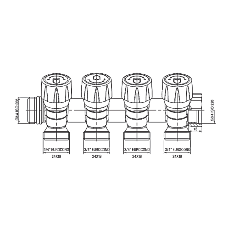 Коллектор с регулирующими вентилями на 4 исх. Roho R809-04 - 3/4"x3/4" EK (RO0251)
