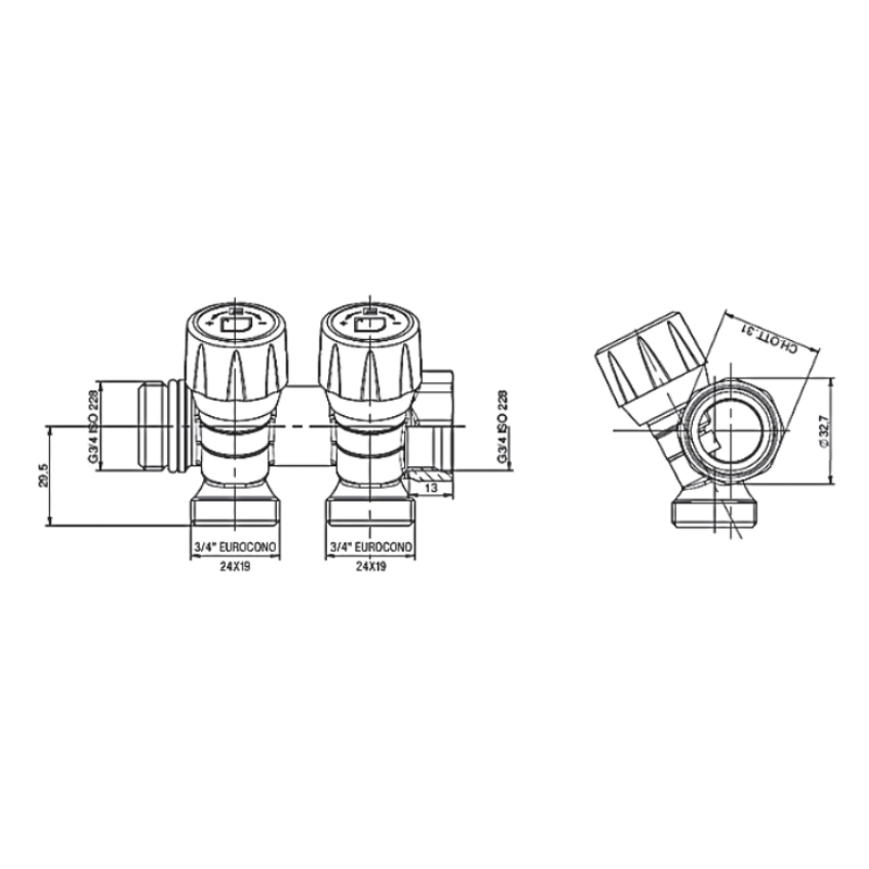 Коллектор с регулирующими вентилями на 2 исх. Roho R809-02 - 3/4"x3/4" EK (RO0249)