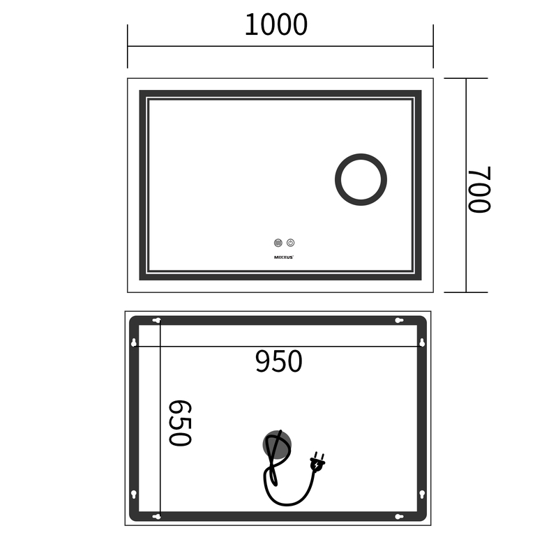 Дзеркало Mixxus Premium Quadro MR20-100x70 (LED Touch, Anti-fog, димер, лінза) (MP6622)
