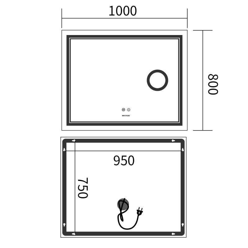 Дзеркало Mixxus Premium Quadro MR20-100x80 (LED Touch, Anti-fog, димер, лінза) (MP6623)