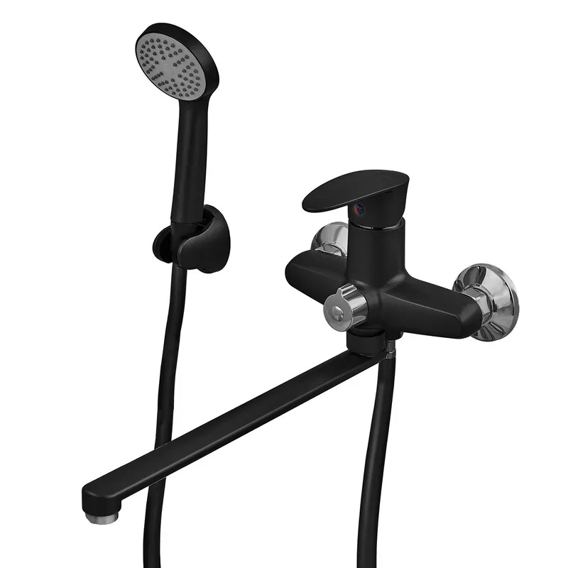 Змішувач для ванни одноважільний Plamix Cezar-006 (Euro) SET Matte (зі шлангом, лійкою та кронштейном) (PM0690 з термопластику Колір чорний глянсовий)