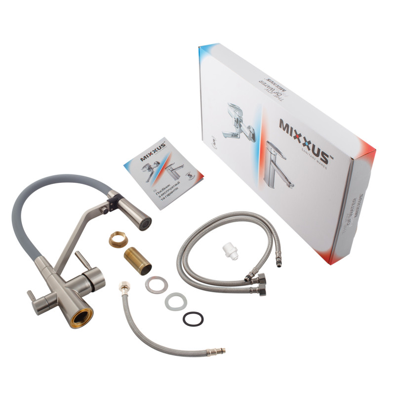 Змішувач для кухні двоважільний Mixxus Premium Magnet 021 SS Color (MI6976) з латуні Колір нержавіюча сталь