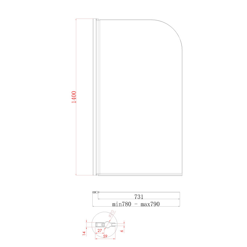 Шторки стеклянные на ванну Koer SR BS01-80x140-TR-01 прозрачное стекло 6мм, хром (KR5400)