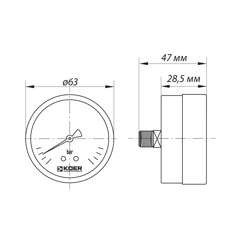 Манометр аксиальный (Koer KM.611A) (0-10 bar), D=63мм, 1/4'' (KR0212)