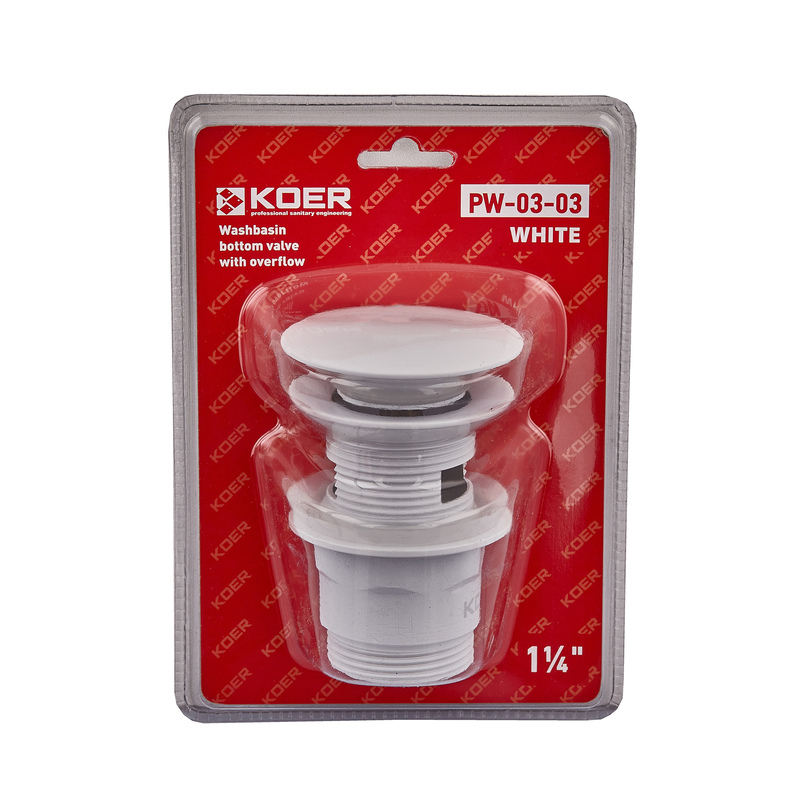 Донный клапан для умывальника с переливом Koer PW-03-03 1 1/4'' (кнопка) (Белый) (KR3395)