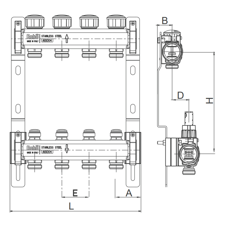 Коллектор с термостатическими и запорными клапанами Roho R805-06 - 1"х 6 вых. (RO0060)